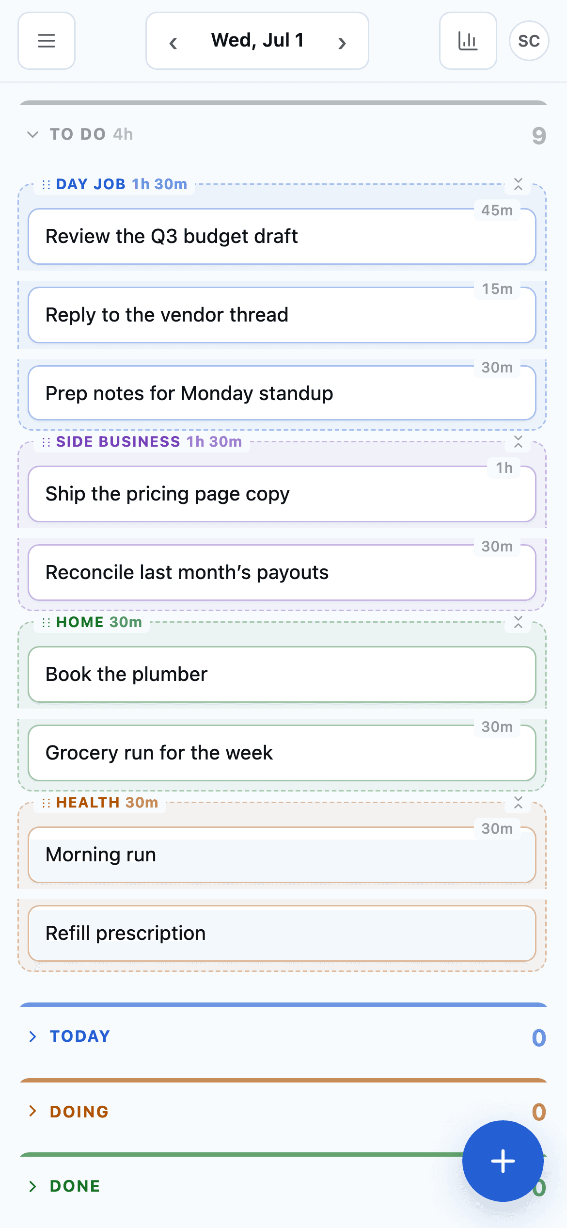 The Daylot board on a phone, with tasks grouped by project