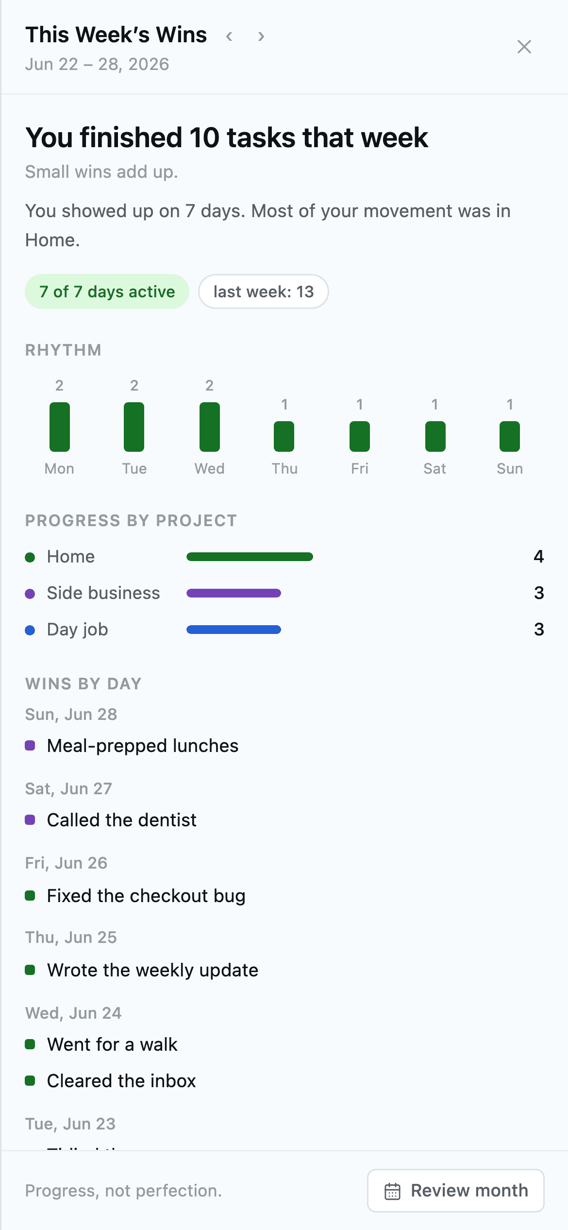 Daylot weekly review: finished tasks, a rhythm chart, and progress by project